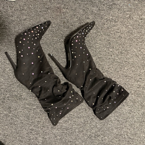 Rhinestone decor, slouch Elegant Black Studded Women's Boots - Picture 6 of 8